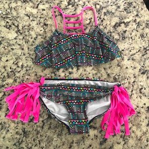 O’rageous Girls Size 12 Swimsuit Two Piece Pink Black Aztec print Bathing Suit